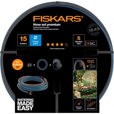 Fiskars Comfort Locsoló tömlő szett 15m tömlő, tartóval, 2 db csatlakozóval (1027678)