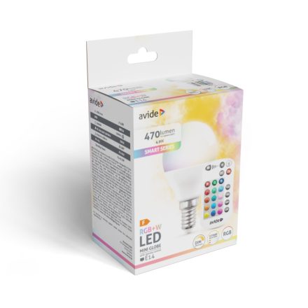 Izzó LED E14 4,9W RGB+W távirányítóval Avide Mini Globe
