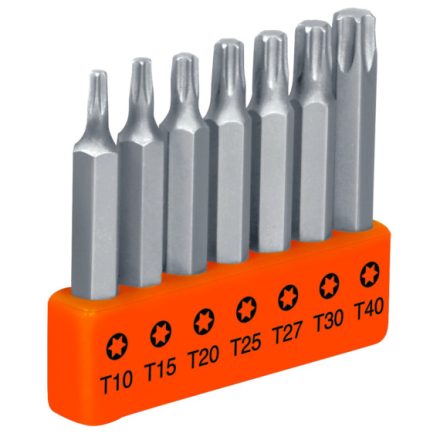 Torx bitfej készlet, 7 db, 50mm, S2 acél, méretek: T10, T15, T20, T25, T27, T30, T40