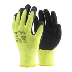 Védőkesztyű latex mártott polieszter fekete sárga 8-11